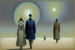 two humans seen from behind walking side by side in an empty foggy plain, above there is blue sky by artist "Leonora Carrington",by artist "Christian Schloe",by artist "Kay Sage"