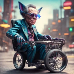 airbrush with pen outline, close up portrait of cool space pimp Christopher Walken gremlin with a psychedelic turbo wheelchair in action scene, wearing driver gloves, wearing flip down driver glasses, in the style of a fallout 4,bokeh like f/0.8, tilt-shift lens 8k, high detail, smooth render, down-light, unreal engine, prize winning