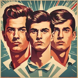 Three ideal youthful strong faces propaganda poster looking in one direction inner party totalitarian