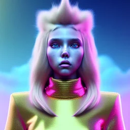 blonde woman teenager, gold teeth, feather sweater, purpurin, retro futuristic, latex dress, gradient color, BLUE, PINK, CYAN, neon, insanely detailed, 16k resolution, perfect eyes, cinematic smooth, intricate detail