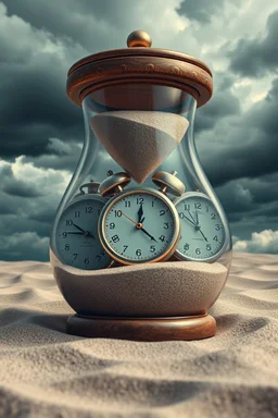 Sands clock with full of analog alarm clocks inside , a background of cloudy stormy with the universe background look like time within time for eternity , great picture with high resolution and 4k quality