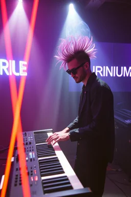 French cool synth player with crazy techno acid hair, he is called "Jean-Maurice Brûlée" performing at dance club, his name is "Jean-Maurice Brûlée" , white and orange Neon lights and oraNGE smog, and "URINIUM" big sign on the wall, he is playing on synthesizers on stage with lot of laser beams and wearing black sunglasses, an earth is projected in background