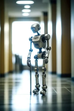 aging robot looking old, walking down hospital corridor using crutches, zeiss prime lens, bokeh like f/0.8, tilt-shift lens 8k, high detail, smooth render, down-light, unreal engine, prize winning