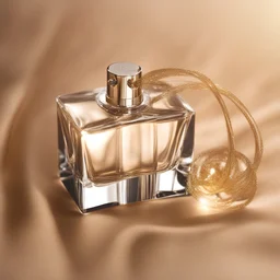 perfume flacon on golden silk, diffuse sunlight, sparkling particles, dof