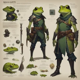 ConceptSheet: amphibian, frog, frogfolk, frogman, Baldur's Gate 3, fantasy, dark fantasy character, Pathfinder, dnd character design, DnD characters, DnD OC, dnd, dungeons and dragons, warrior, veteran, adopt adoptable, clothes cool cute design fantasy, with AD&D statistics (1982)