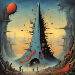 antics grow strange in a dream of cunning annihilations, damaged thoughts of a crooked creaking mistake looking at itself, by Gerald Scarfe, by Yves Tanguy, by Zdzislaw Beksinski, asymmetric surrealism, nightmarish, dreamy colors, existential dread of Bekinski, uncanny machinations of Scarfe, Tanguy's non-sequitors, oh how he made them roll, interrupted images, awkward seques