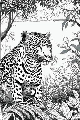 Outline art, Jaguar in the garden, cartoon style, black and white, low detail, no shading, --ar 9:11