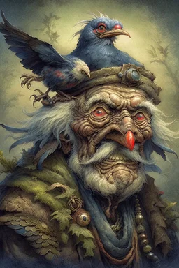 a painting of an old man with a bird on his head, a character portrait by Wendy Froud, cgsociety, fantasy art, storybook illustration, grotesque, detailed painting