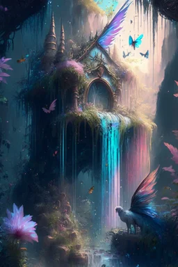 Phantasy landscape.Paradise hauntedgarden, unicorn, bright magic art, splash art, high quality, 8k, digital painting, glitter, waterfall, greenery, butterflies, birds of paradise, gnome's house, trending on artstation, sharp focus, studio photo, intricate details, highly detailed, by greg rutkowski