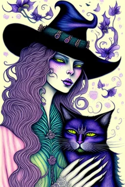 Witch, playing with cats, perfect iris, ink and pencil, pastel colours, style Elizabeth Kreitz