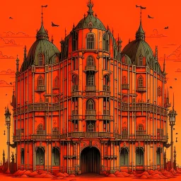 A dark orange colored cybernetic palace designed in Bayeux tapestry painted by Pieter Bruegel the Elder