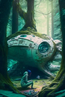 spaceship in a woodland glade with a woman kneeling under it fixing something