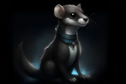 a sleek, magical weasel with fur that shifts between dark blacks and twilight grays. His eyes are large, sparkly, and filled with curiosity. Around his neck is a collar that softly hums and seems to be made of shadowy material. As Umbrus moves, you can picture small, arcane runes appearing and disappearing along his body, leaving a magical trace in the air. His paw pads are almost see-through. have him peaking out of a shadow