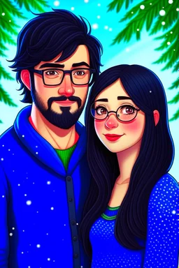 Christmas scene, dark haired couple, man with short black beard and glasses, woman with long hair and no glasses, blue eyes, young couple, graphic