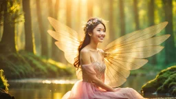 A gorgeous smiling Asian model in a fairy outfit with great glittering wings in a magic forest with 1000 y/o trees, a small torrent, loads of mini flowers, moss, sun rays through the branches, particles in the air at dawn