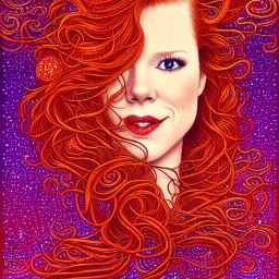 Robyn Lively, her striking perfectly detailed clear eyes, her perfect, precisely detailed lightly freckled face, meticulously detailed long curly multi-hued ginger carrot-colored cherry red fiery hair, luminous colorful sparkles; by james r. eads, gawki, rajewel, tania rivilis, dan mumford, lisa frank, artgerm, greg rutkowski, alphonse mucha and william-adolphe bouguereau; glitter, airbrush, octane render, volumetric lighting, photorealistic digital painting, smooth, sharp focus