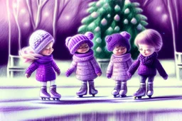 pencil drawing, pastel colours, in the foreground we see a purple knitted scarf falling on the ice, in the background cute cjibi children are skating happily in sunshine, ethereal, cinematic postprocessing, bokeh, dof