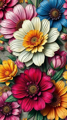 SEAMLESS Pattern masterfully detailed, vibrant flowers created with spatulated oil painting techniques, featuring thick, impasto strokes, grunge scratches, and deposit of saturated oil pigments