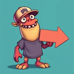 cartoon monster wearing a ballcap and T-shirt holding an arrow sign on solid color background