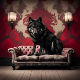 Hyper Realistic Dark Fancy Lounge with black wolf sitting on a Fancy Couch & Grungy Red Damask Texture on Rustic off-white Wall with peeling & vignette effect at night