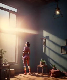 Realistic image, super giant woman inside a house, looks out through the windows. people on the street are watching him, soft color, highly detailed, unreal engine 5, ray tracing, RTX, lumen lighting, ultra detail, volumetric lighting, 3d, finely drawn, high definition, high resolution.