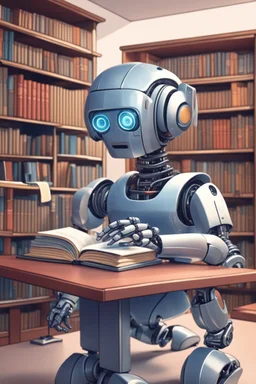 The library is serviced by computers, and there are many books on the shelves. The robot sits at the table and searches for books in the catalog in the computer Expression. High-quality drawing, 8K