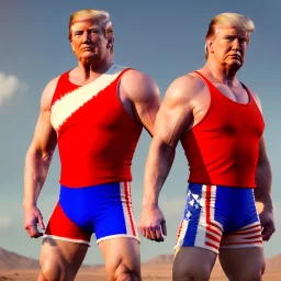 Realistic image of Donald trump wrestler, Mexican wrestling style, red and blue breeches, glow confederate flag dress, suspenders, retro style, 80s, vibrant color, highly detailed, sky background, concept art, unreal engine 5, god rays, ray tracing, RTX, lumen lighting, ultra detail, volumetric lighting, 3d, finely drawn, high definition, high resolution.