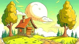 Cartoon style: far far away on the horizon between trees, a small wooden house