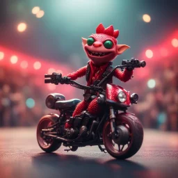 heavy metal kobold strawberry beast business man on motorbike in spots on concert stage ,bokeh like f/0.8, tilt-shift lens 8k, high detail, smooth render, down-light, unreal engine