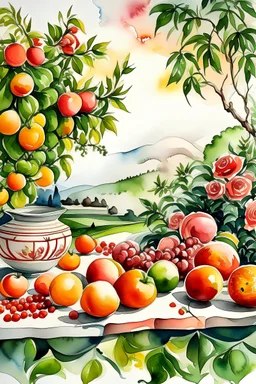 watercolor ,still life with rozes and fruits,, maTny colors, detailed, colorize, white background a hills, surrounded by green cypress trees and blooming fields. Infuse the scene with sunlight, conveying a cozy and tranquil atmosphere. a white background 9:11
