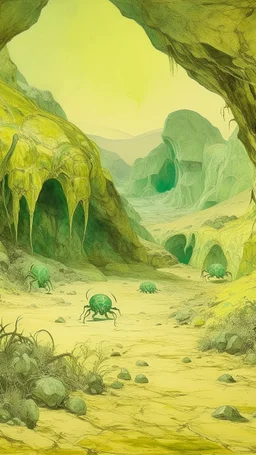 A pale greenish yellow arid cavern with scorpions painted by Vincent van Gogh