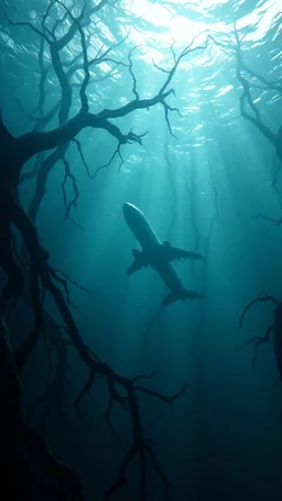 An aunderwater , black vein, human veins, mixing together a lot of them, like a forest, big and small veins a lot of them, an airplane sinking underwater