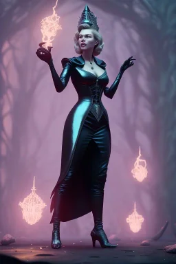 Hannah Waddingham as evil queen in black leather gown, busty, cleavage, voluptous, rebecca Welton, angry, stern look. character design by cory loftis, fenghua zhong, ryohei hase, ismail inceoglu and ruan jia. unreal engine 5, artistic lighting, highly detailed, photorealistic, fantasy