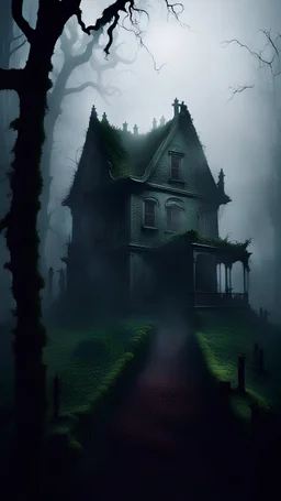 Scary haunted house, thick fog, atmosphere of darkness, overgrown forest, horror, depressing atmosphere