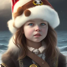 Portrait of pirate child with brown hair and with cute face, north pole snowy vibe , perfect composition, hyperrealistic, super detailed, 8k, high quality, trending art, trending on artstation, sharp focus, studio photo, intricate details, highly detailed, by greg rutkowski