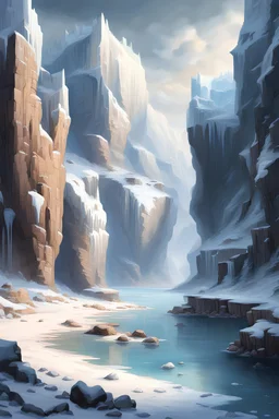 Fantasy, Icy landscape in a beach cove surrounded by steep cliffs, with 3 building and a harbor