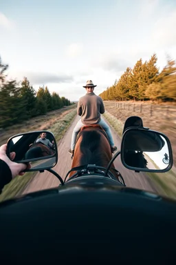 A man on horseback, top view, two car side mirrors are fixed on the horse sides in front. Camera view from the top to the horse rider and the hours including the two sides of the mirrors in front of the rider of the horse