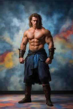 Connor Macleod, the Highlander, extremely huge, overexaggerated muscles, posing and flexing in a front of the camera, random extreme action poses, an extremely colorful, multicolored foggy blue marble wall in the background with a colorful marble tile floor, multicolored lightning, realism engine,