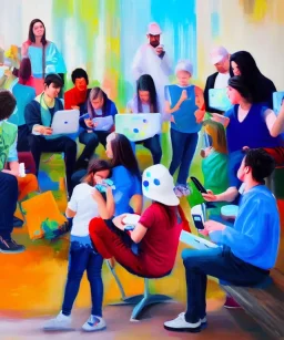 people, phones, screens, painting, realism