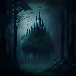 dark fantasy forest with a castle in background