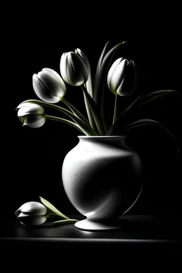 black tulips in a white vase that bleeds slightly cinematic dramatic hd hig hlights detailled real wide and depth atmosphere