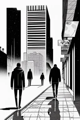 Street, two men walking. Graphic novel style Isabel Kreitz