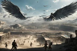 View of Elysium with winged females flying over people running away in fear
