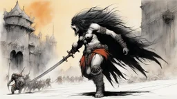 [high res illustration by Ralph Steadman] the back of the Barbarian female warrior who is aremed to fight in the shadows of the labyrinth city of Lankhmar: In the center of the dark plaza, is a creature which body is a grotesque amalgamation of dust and fumes, twisting, motioned by some unspeakable evil. Its threatening eyes are burning coals.