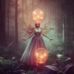 Pixies and Fairies in a belljar ,glowing ,free, small and big, many fairy lights inside a forest, ghostly lights, polaroid, symmetry, bioluminescence, luminescent glow, moody, tender, photorealistic, octane render, golden hour,Otherworldly Oracle