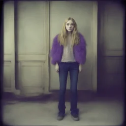 Dakota fanning, hippie girl, jeans, purple fur, in a liminal empty room, old autochrome