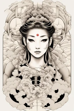 Create a captivating modern 2d Japanese tattoo design for print , using the elegant influences of japan art style, for print, dynamic elements from fashion and design, and bold Japanese art aesthetics, framing centered in the center, distanced from the edges of the paper perimeter, perfect anatomy, bauhaus, Divine Proportion,