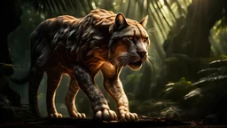 Huge sabre-toothed cat in the jungle with intricately detailed face, professional photography, bokeh, a breathtaking background cinematic side light, wide shot shot on dslr 64 megapixels sharp focus, canon lens, Hyperrealistic, concept art, 16k resolution