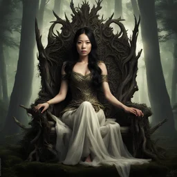 A beautiful as a model asian woodland elf princess who looks like Lucy Liu seated on a throne in a mystical forest