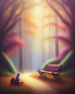 park mystical dream, park bench, man, woman, child, dog, trees, path, bird, sunshine, mystical, fantasy, romanticism, pastel colors, daylight, daytime, acrylic painting, detailed, soft focus,